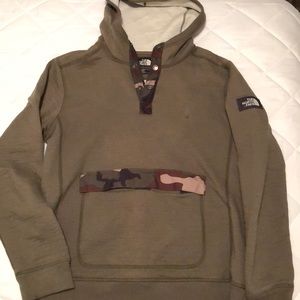 North Face Green and camo sweatshirt.